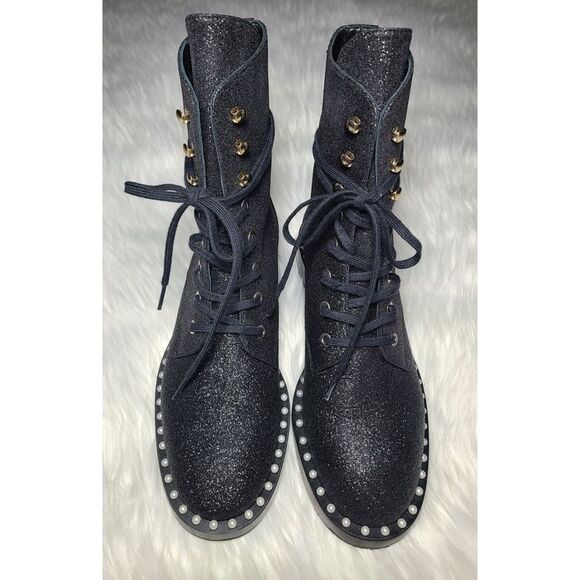 Stuart Weitzman|Sondra Bead Embellished Black Glitter Combat Boots, 6 - Picture 11 of 16